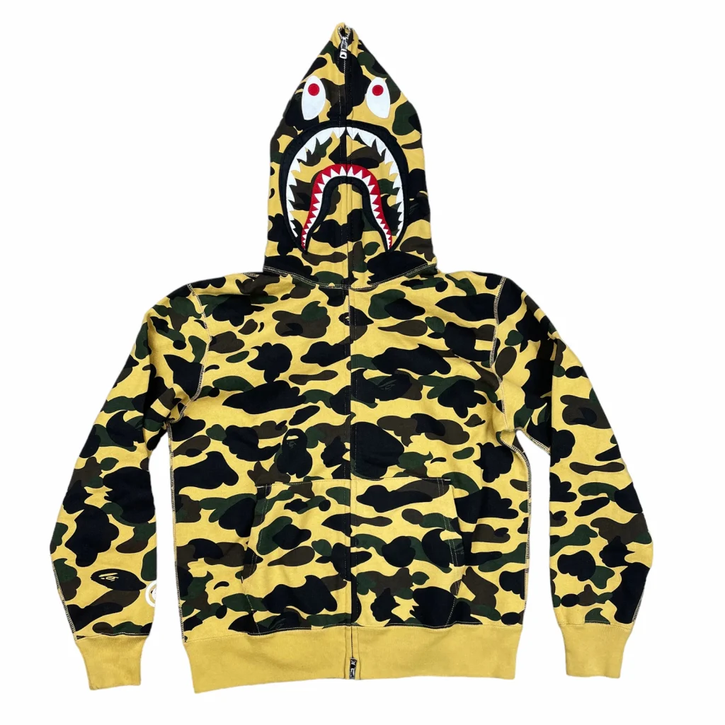 Color Camo Tiger Shark Wide Full Zip Double Hoodie Yellow