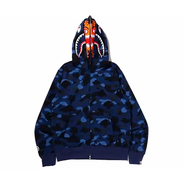 Color Camo Tiger Shark Wide Full Zip Double Hoodie Blue