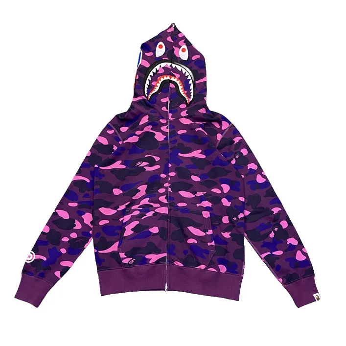 Color Camo Tiger Shark Wide Full Zip Double Hoodie Purple