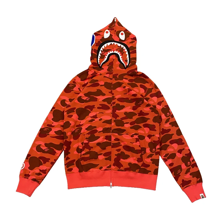 Color Camo Tiger Shark Wide Full Zip Double Hoodie Red