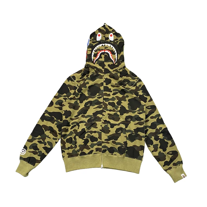 Color Camo Tiger Shark Wide Full Zip Double Hoodie Green