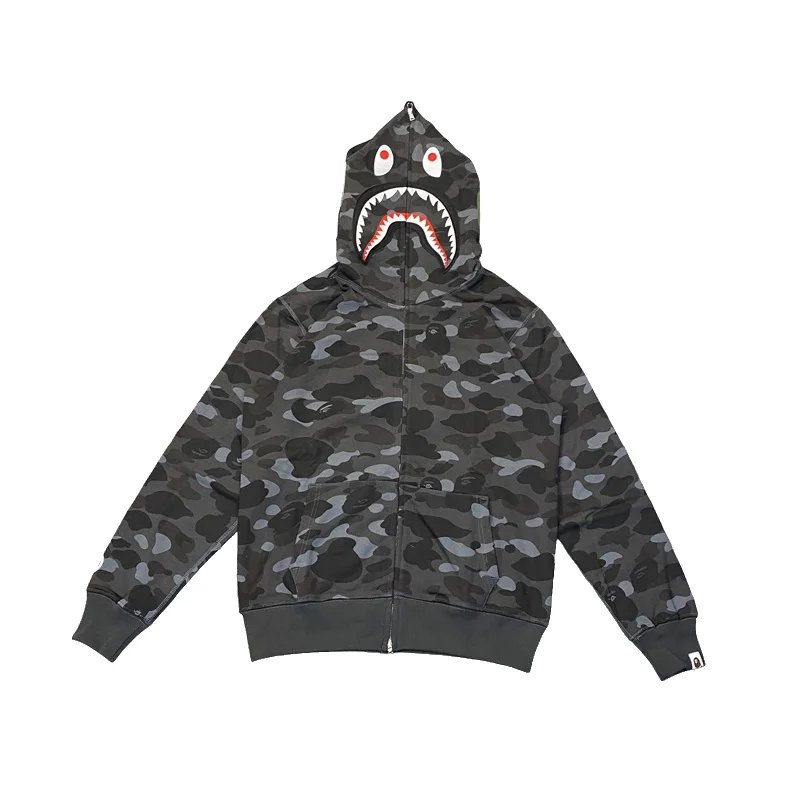Color Camo Tiger Shark Wide Full Zip Double Hoodie Grey
